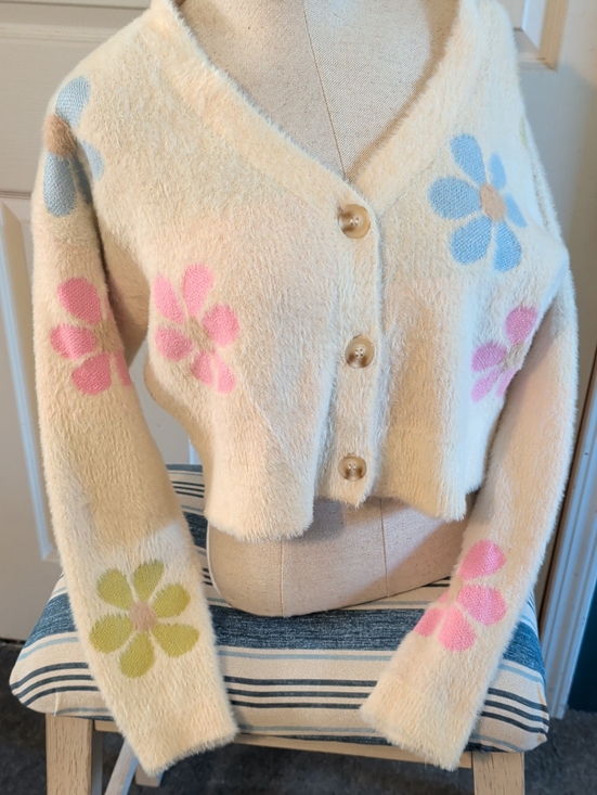 Altar'd State Sweaters - Altar'd State Cream Fuzzy Floral Button V-Neck Cardigan